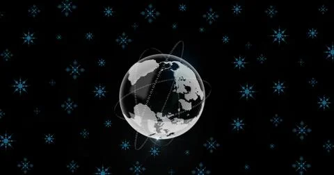 Image of snowflakes over globe on black background Stock Illustration