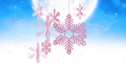 Image of snowflakes over moon and snow falling Ilustração Stock