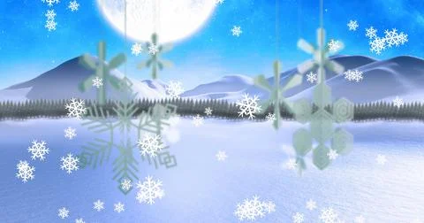 Image of snowflakes over moon and snow falling Ilustração Stock