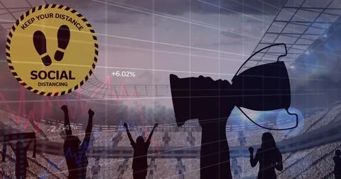 Image of social distancing text with data on graphs over trophy and sports fans イラスト素材