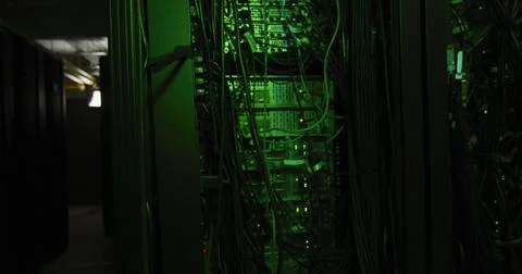 Image of social media data processing and text over green lights of computer Stock Illustration