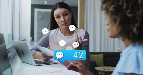 Image of social media data processing over diverse business people in office Stockfoto's