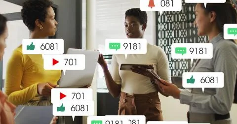 Image of social media data processing over diverse business people in office Foto stock