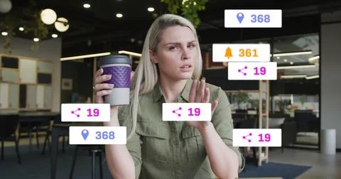 Image of social media data processing over caucasian businesswoman on image.. 写真素材
