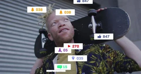 Image of social media data processing over albino man with skateboard in city 库存照片