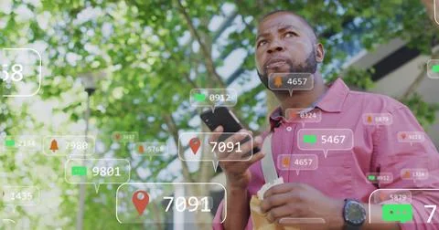 Image of social media data processing over afrcian american man using smartphone 스톡 사진