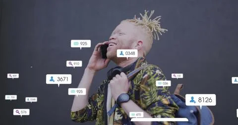 Image of social media data processing over albino man using smartphone in city Stock Photos