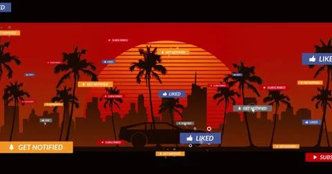 Image of social media data processing over sun and palm trees on red background Stockfoto's