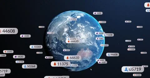Image of social media notifications processing data over globe in night sky Ilustração Stock