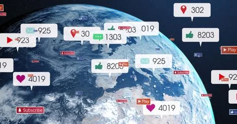 Image of social media notifications processing data over globe in night sky Ilustração Stock