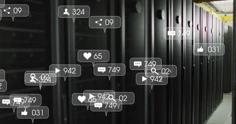 Image of social media text and icons over tech room with computer servers Stock Photos