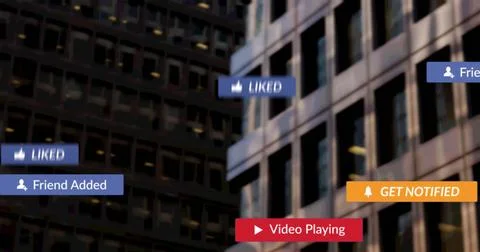 Image of social media text on banners over modern buildings Ilustración de archivo