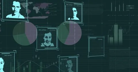 Image of social media users, graphs and financial data on black background 스톡 일러스트