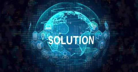 Image of solution text with icons over globe on black background Illustrazione stock