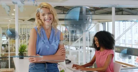 Image of sonars, computer language over diverse coworkers standing and working 写真素材