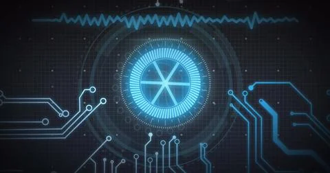 Image of soundwave, circuit board pattern and rotating abstract pattern aga.. Stock Photos
