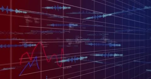 Image of soundwaves with programming language and multiple graphs on grid 写真素材