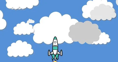 Image of spaceship rocket taking off with cut outs of white clouds Stock Illustration