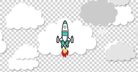 Image of spaceship rocket taking off with cut outs of white and grey clouds Stock Illustration