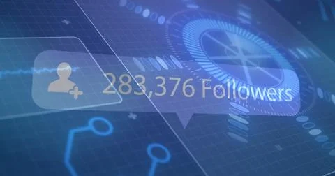 Image of speech bubble with followers and numbers, scope scanning on screen over Stock Illustration