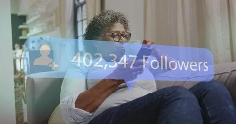 Image of speech bubble with followers text and numbers over senior woman using Stock Photos