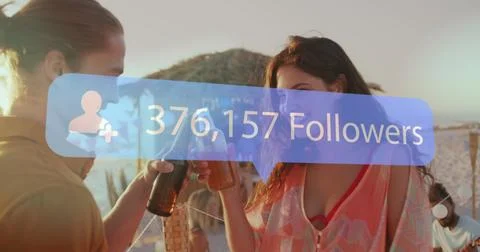 Image of speech bubble with increasing followers over couple toasting drinks at Fotos Stock