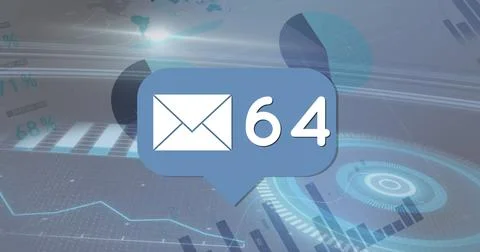Image of speech bubble with mail icon and numbers, statistics recording and data Illustrazione stock