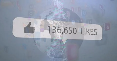 Image of speech bubble with number of like increasing over globe, logos over 스톡 사진