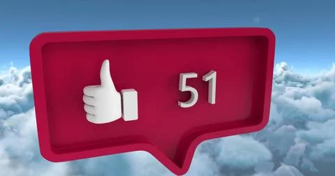 Image of speech bubble with numbers and like icon over clouds Stock Illustration