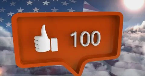 Image of speech bubble with numbers and like icon over clouds and flag of usa Illustrazione stock