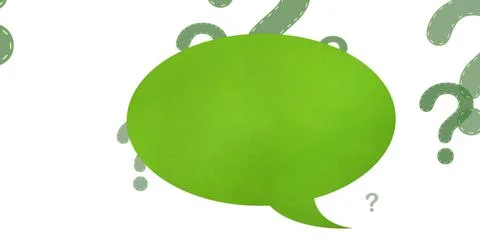 Image of speech bubble over question marks on white background Stock Illustration