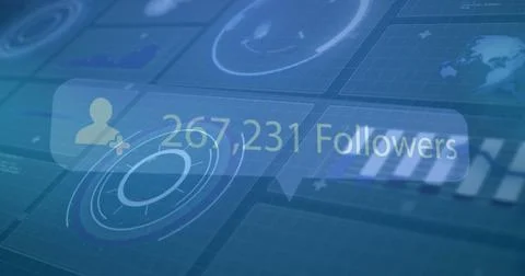 Image of speech bubble with subscribers text and numbers over scopes scanning Stock Illustration