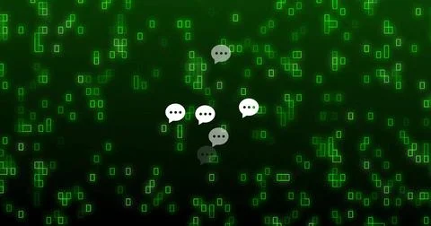 Image of speech bubbles and binary codes over green background Stock Photos