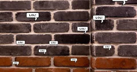 Image of speech bubbles with lol text over brick wall Stock Photos