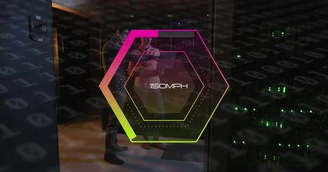 Image of speed gauge and binary coding over diverse it engineers by computer Foto stock