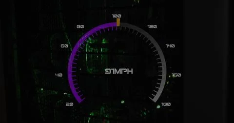 Image of speed gauge and data processing over computer servers 스톡 사진