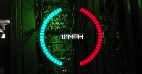 Image of speed gauge and data processing over computer servers Stockfoto's
