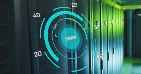 Image of speed gauge and data processing over computer servers Stock Photos