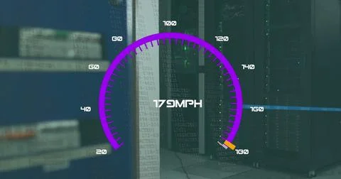 Image of speed gauge and data processing over computer servers Stock Photos