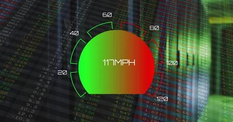 Image of speed gauge and data processing over computer servers Stockfoto's
