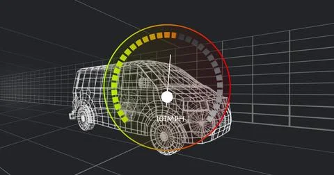 Image of speed gauge and data processing over 3d drawing of car 스톡 사진