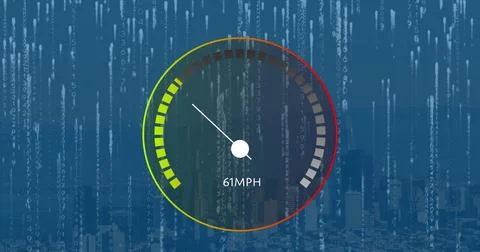 Image of speedometer and binary coding against aerial view of cityscape 库存插图
