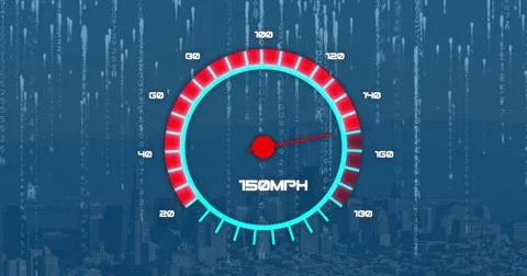 Image of speedometer and binary coding against aerial view of cityscape Illustrazione stock