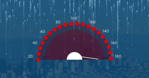 Image of speedometer and binary coding against aerial view of cityscape 库存插图