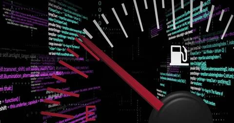 Image of speedometer and data processing over dark background Stock Photos