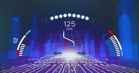 Image of speedometer and data processing over binary coding Stock Photos