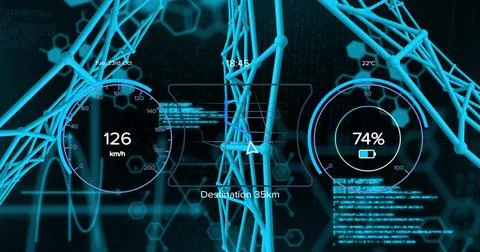 Image of speedometer and data processing over network of connections Stock Photos