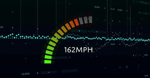 Image of speedometer and data processing over black background Stock Photos