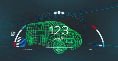 Image of speedometer and power gauge over 3d van model moving on black Ilustração Stock