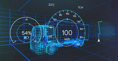 Image of speedometer and power gauge over 3d lorry model moving on black Ilustração Stock